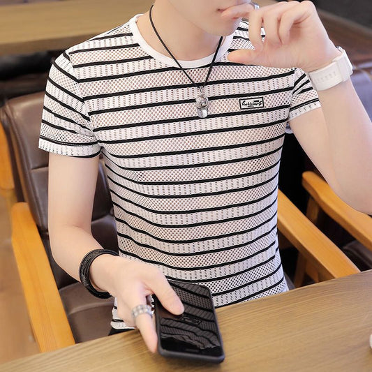 N0616 Men's Ice Silk Striped Short Sleeve