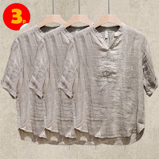 3-Pack Khaki Summer Linen Short Sleeve Shirts