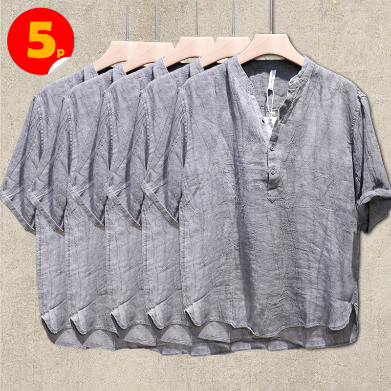 5-Pack Grey Summer Linen Short Sleeve Shirts
