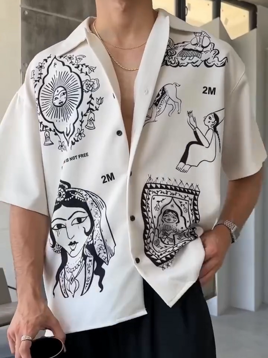 Men's Short - Sleeve Shirt with Unique Black Graphic Prints-1