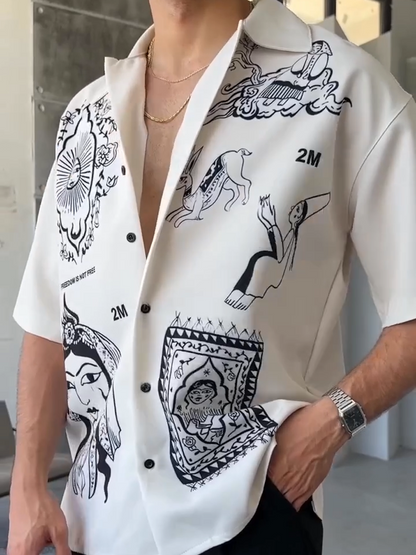 Men's Short - Sleeve Shirt with Unique Black Graphic Prints-1