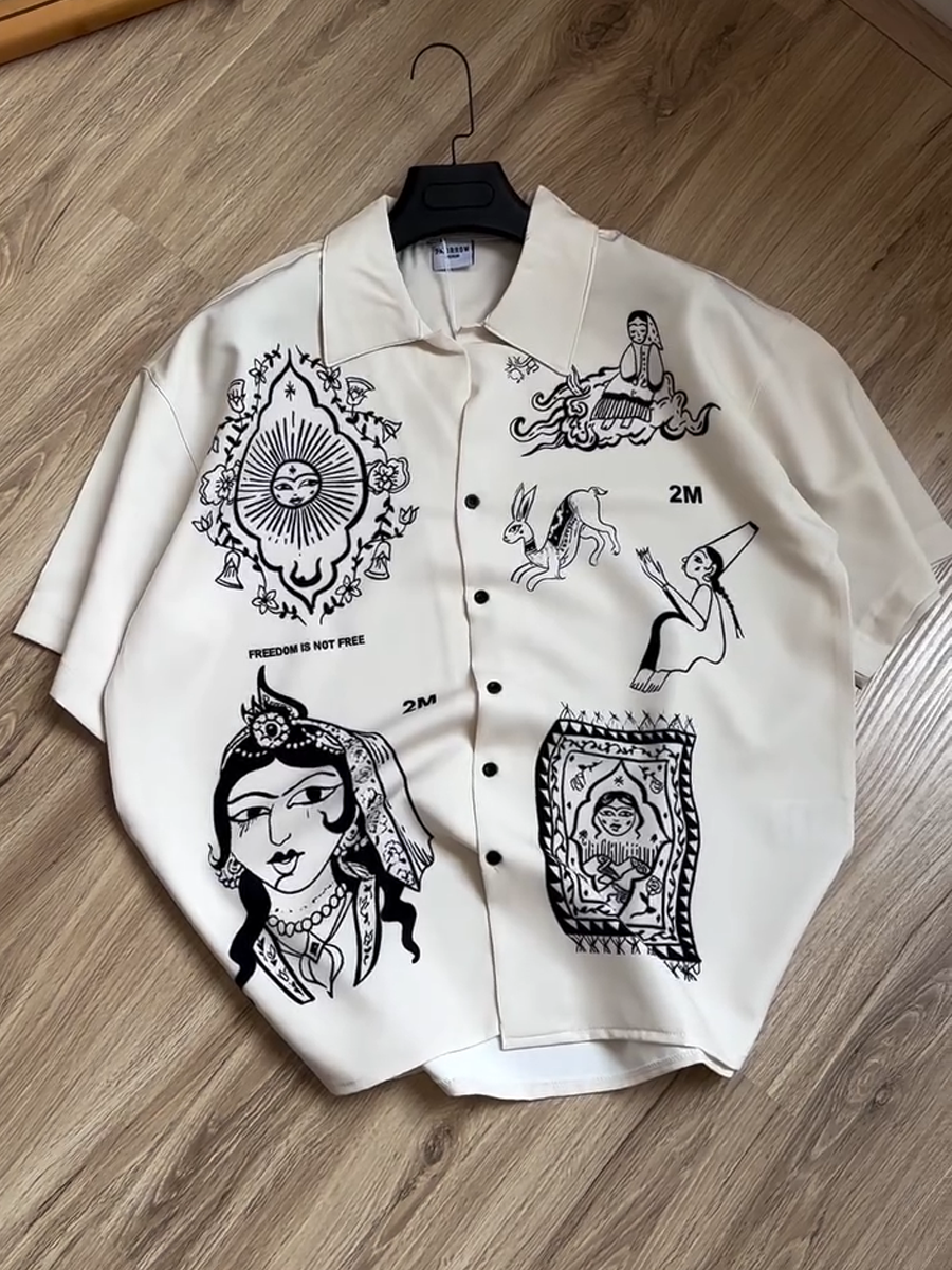 Men's Short - Sleeve Shirt with Unique Black Graphic Prints-1