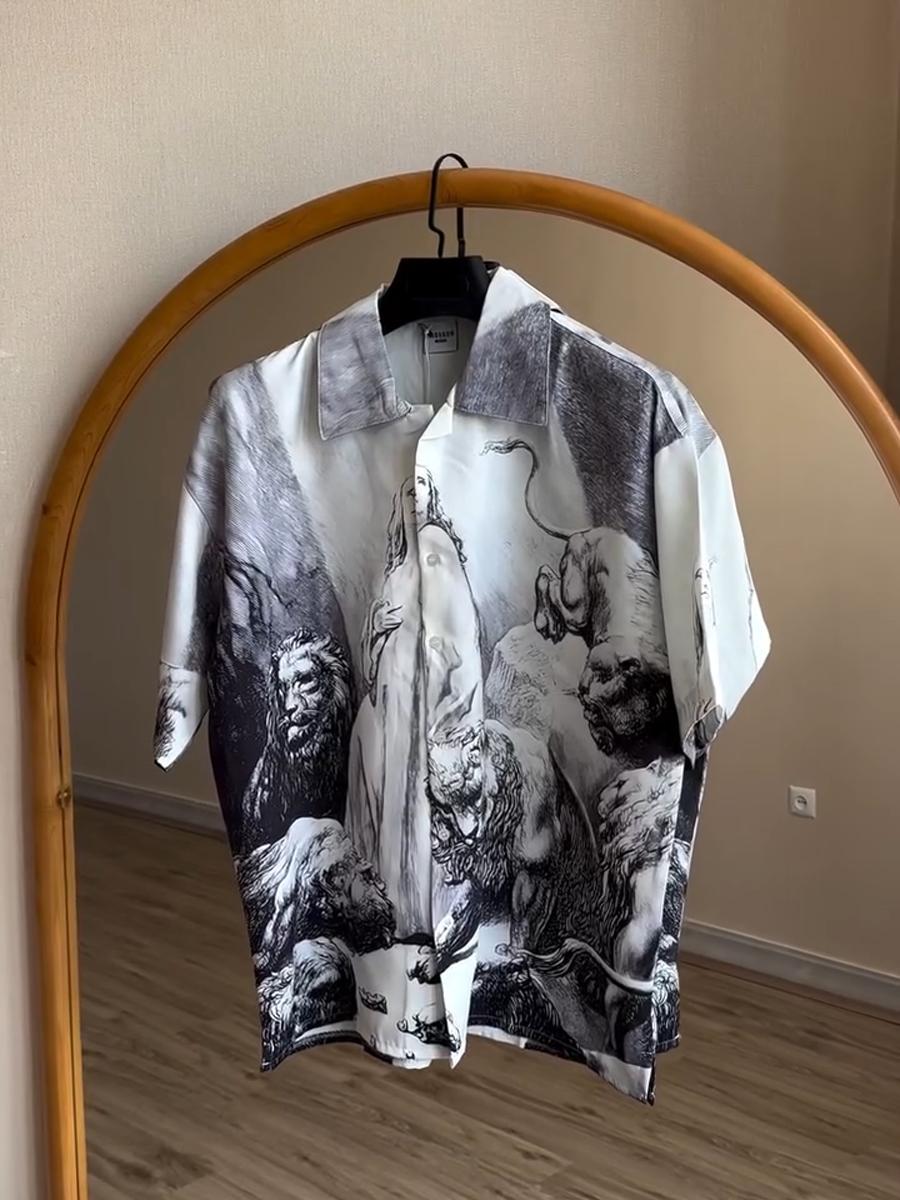 Casual Loose Men's Shirt:Black - White Ink - Painting Style Pattern
