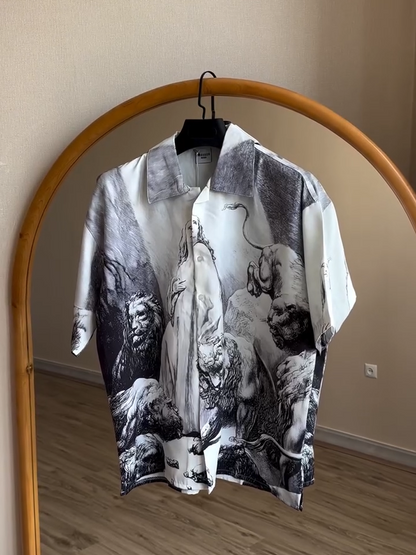 Casual Loose Men's Shirt:Black - White Ink - Painting Style Pattern