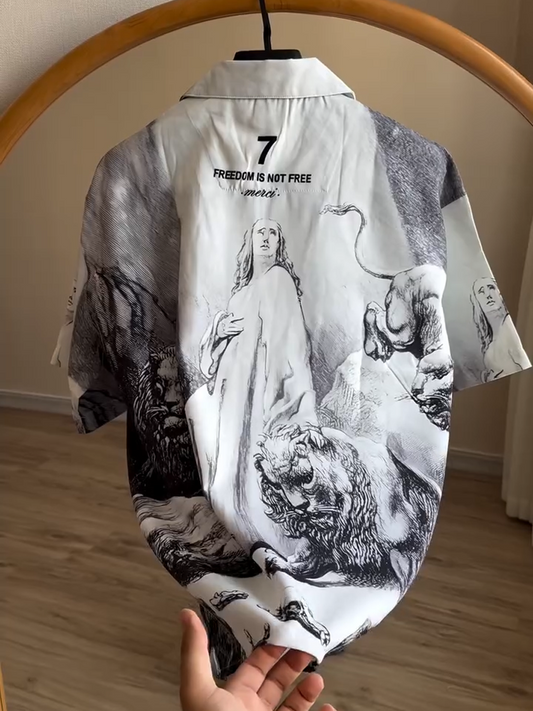 Casual Loose Men's Shirt:Black - White Ink - Painting Style Pattern