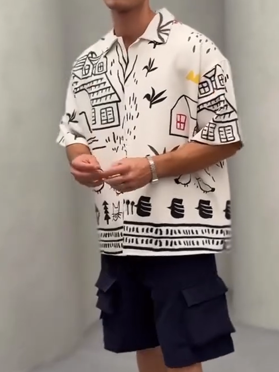Casual Loose-Fit Shirt: Playful House, Bird & Cat Patterns