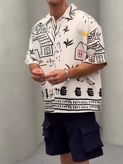 Casual Loose-Fit Shirt: Playful House, Bird & Cat Patterns