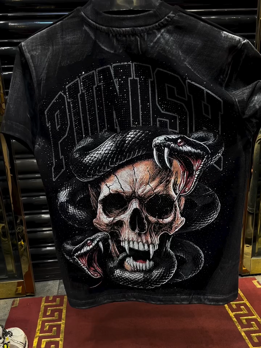 Men's Punk Skull and Serpents Embellished T - Shirt