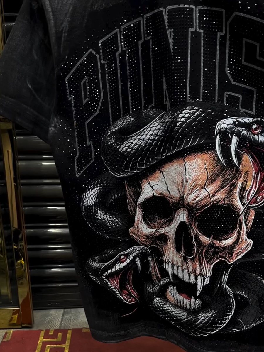 Men's Punk Skull and Serpents Embellished T - Shirt