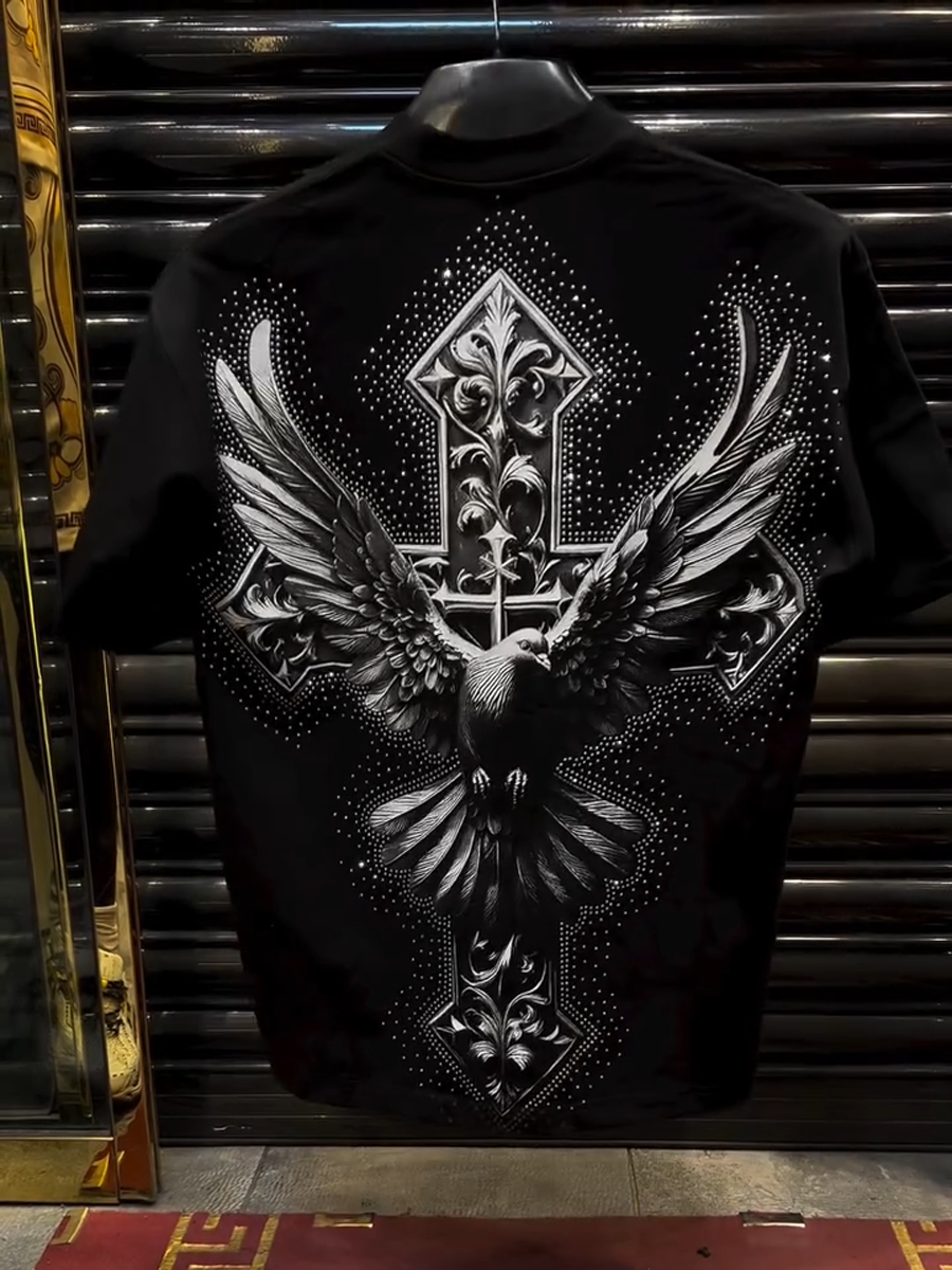 Men's Ornate Cross and Eagle Print Shirt