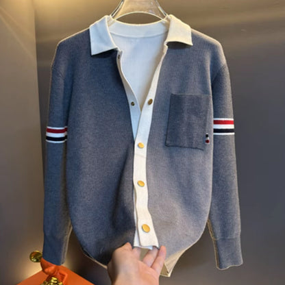 N91101 New Men's Colorblock Cardigan Sweater Collar Knitted Jacket