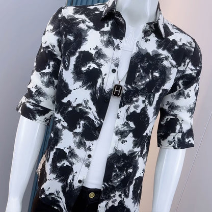 N0620 Summer new mid-sleeve ink-wash floral shirt