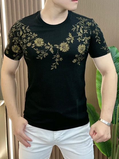 N0617 Summer Ice Silk Round Neck Jacquard T-shirt