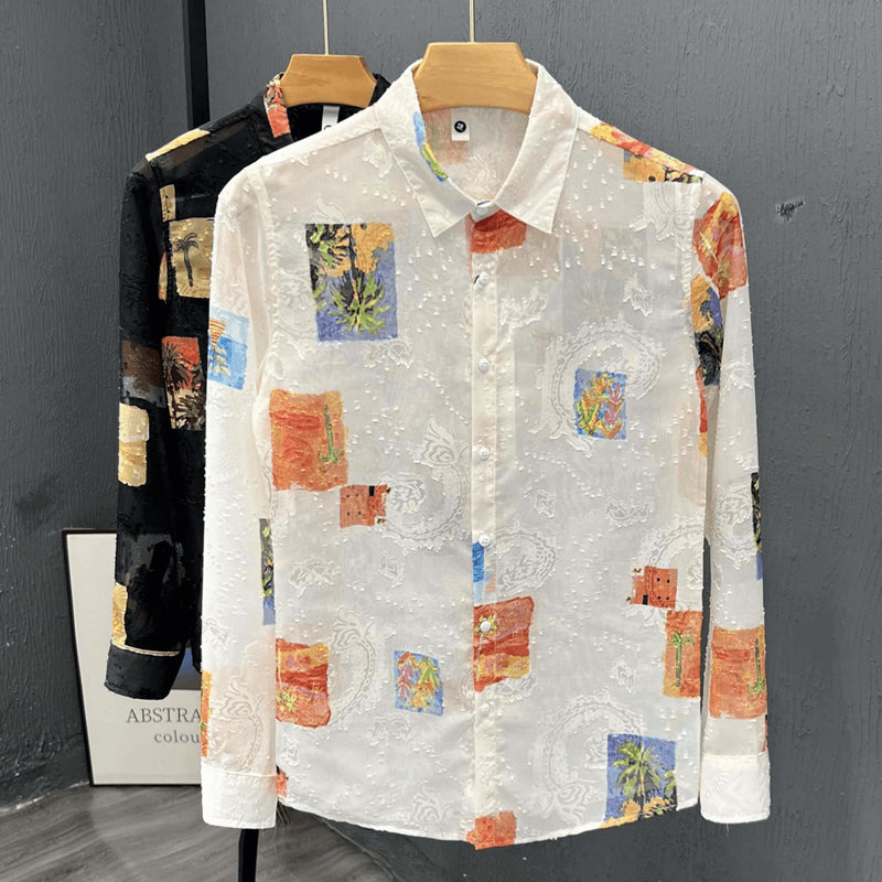 N0624 Summer Thin Men's Retro Embroidered Jacquard Shirt