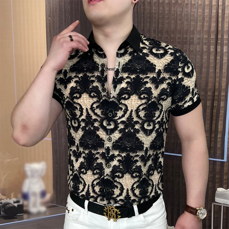 N0615 Summer casual fashion handsome lapel printed shirt short sleeves