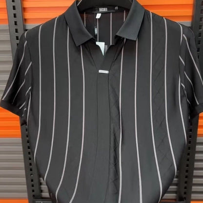 N0702 Men's breathable and comfortable striped lapel short sleeves