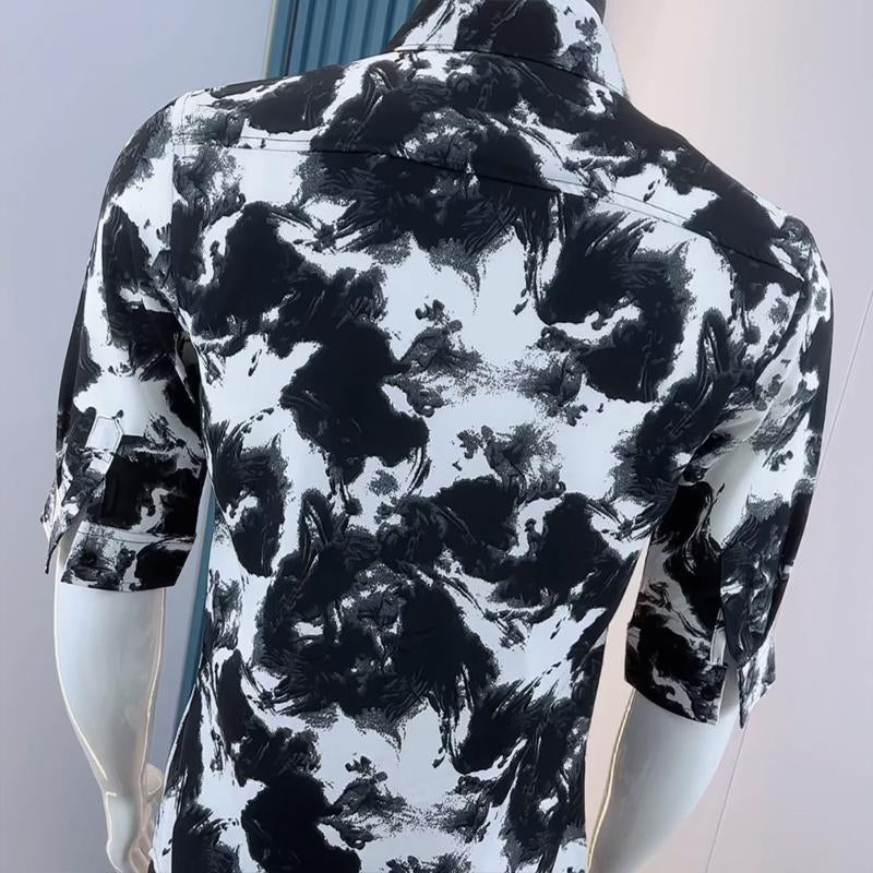 N0620 Summer new mid-sleeve ink-wash floral shirt