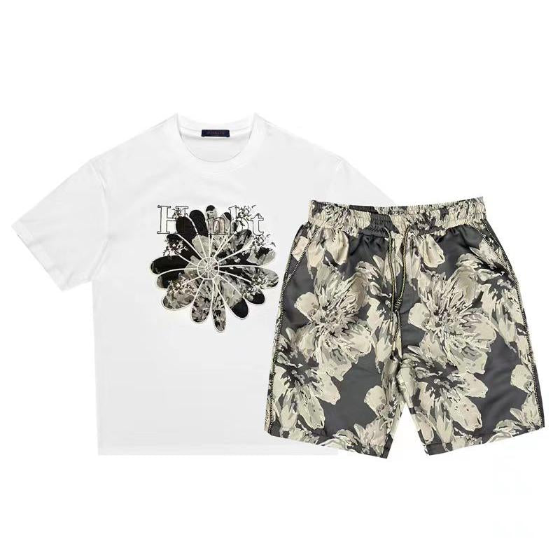A8253 Summer New Arrival Embroidered Floral Short Sleeve Shorts Set