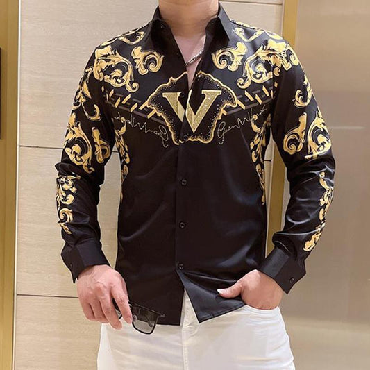 N1231 Men's printed rhinestone long-sleeved shirt