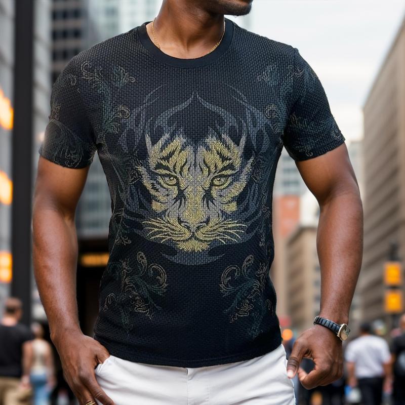 N0719 Summer Ice Silk Tiger Rhinestone Casual T-shirt