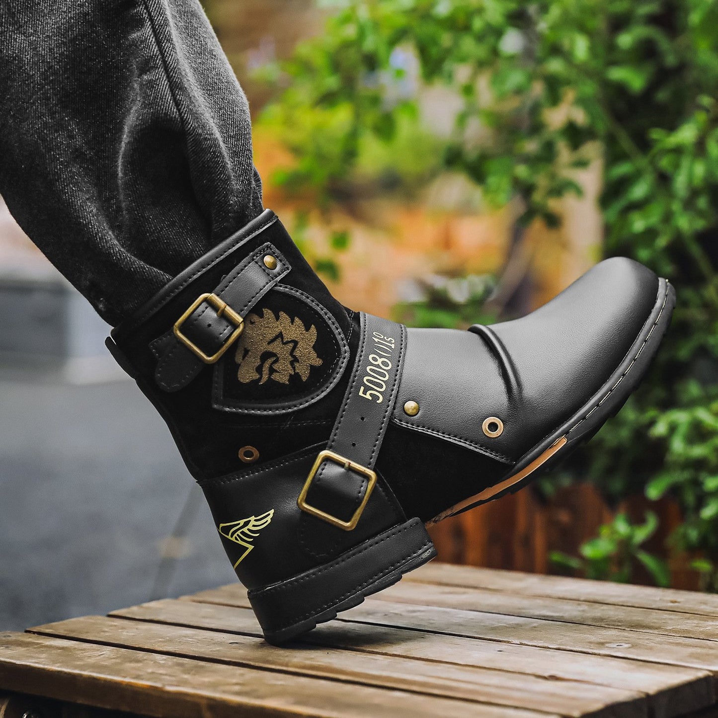 N0115 Men's Vintage Metal Buckle Side Zipper Martin Boots