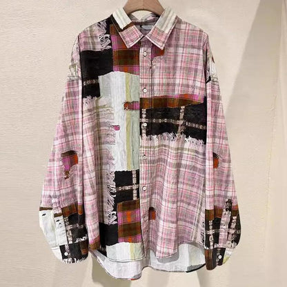 N0808 New Printed Plaid Stitching Shirt