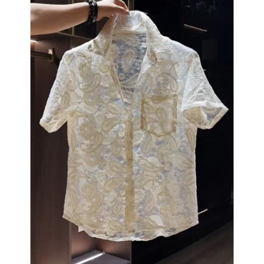 N0731 Summer new temperament jacquard hollow short-sleeved shirt