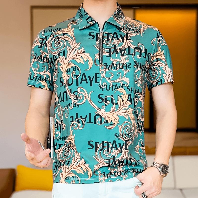 N0614 New fashion print half zip lapel casual short sleeves