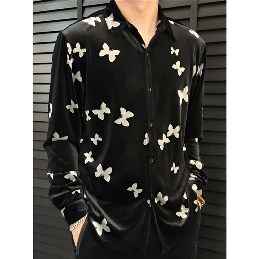 N0919 Men's Gold Velvet Butterfly Shirt