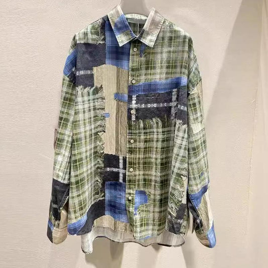 N0808 New Printed Plaid Stitching Shirt