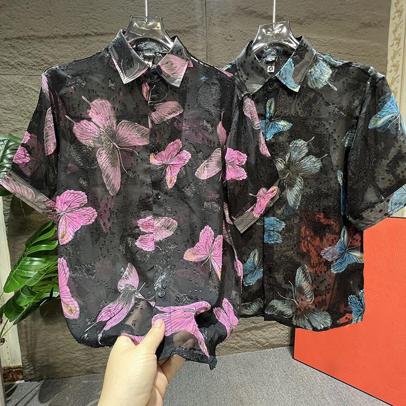 N0821 Men's Summer Lightweight Butterfly Print Short Sleeve Shirt