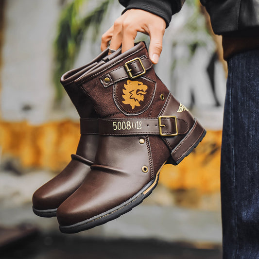 N0115 Men's Vintage Metal Buckle Side Zipper Martin Boots