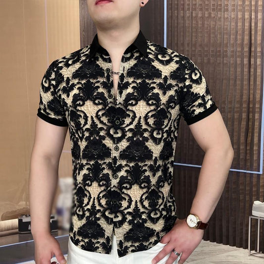 N0615 Summer casual fashion handsome lapel printed shirt short sleeves