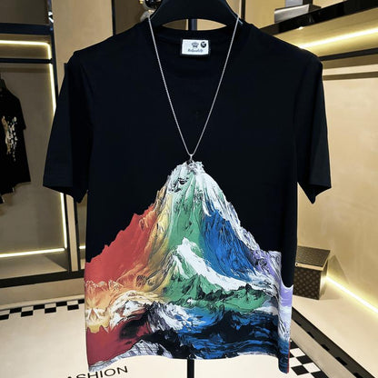 N0626 Summer new men's printed snow mountain casual T-shirt