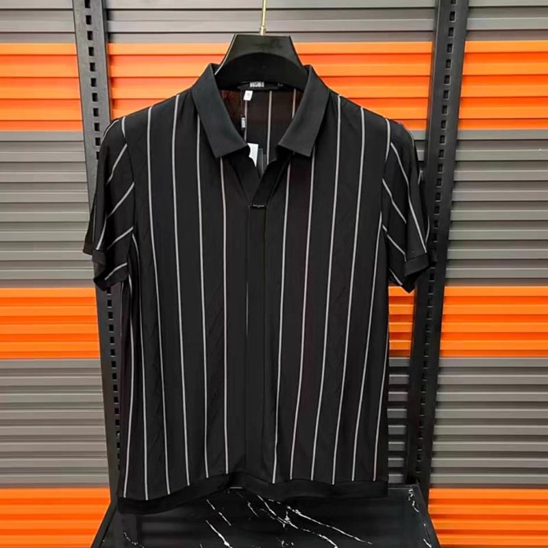 N0702 Men's breathable and comfortable striped lapel short sleeves