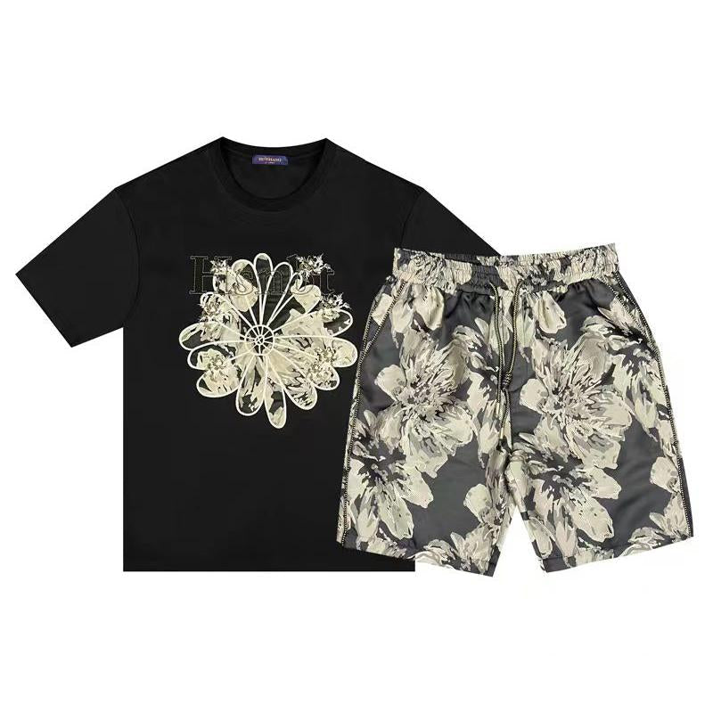 A8253 Summer New Arrival Embroidered Floral Short Sleeve Shorts Set