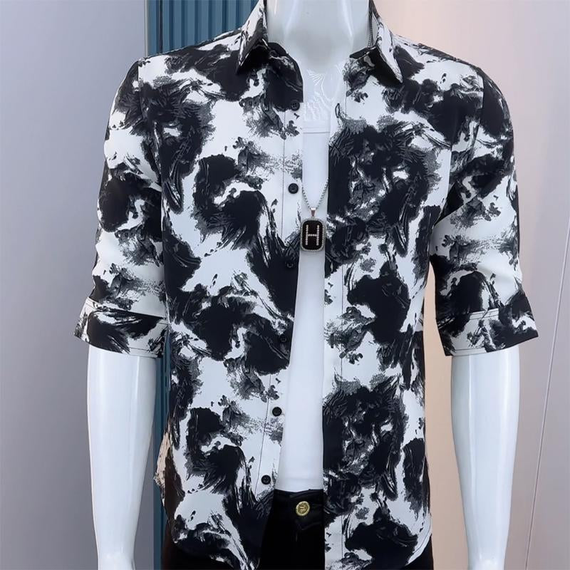 N0620 Summer new mid-sleeve ink-wash floral shirt