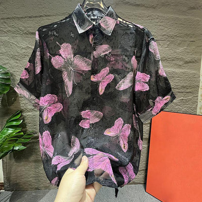 N0821 Men's Summer Lightweight Butterfly Print Short Sleeve Shirt