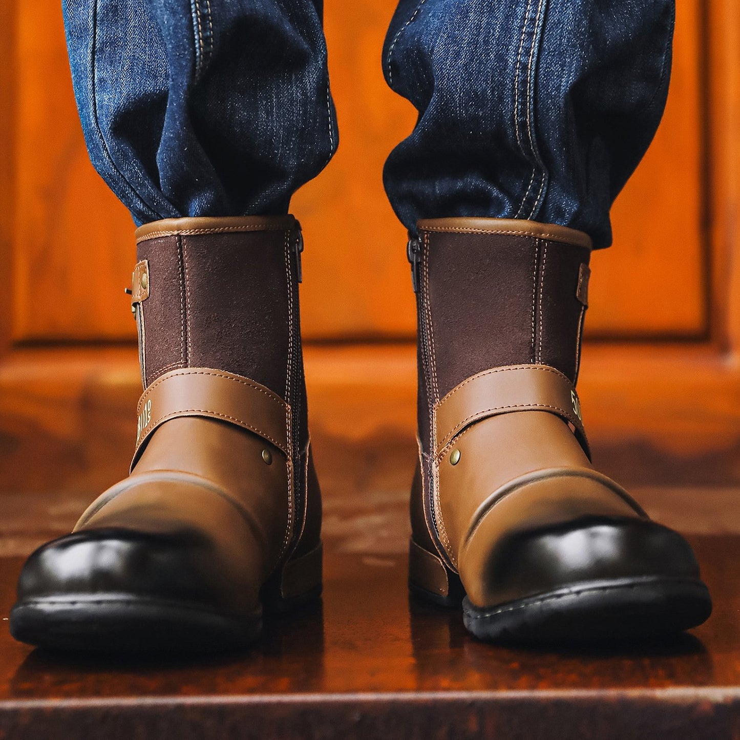 N0115 Men's Vintage Metal Buckle Side Zipper Martin Boots