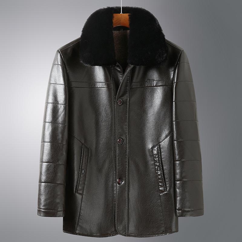 Men's Fleece-lined Padded Lapel Pu Leather Coat