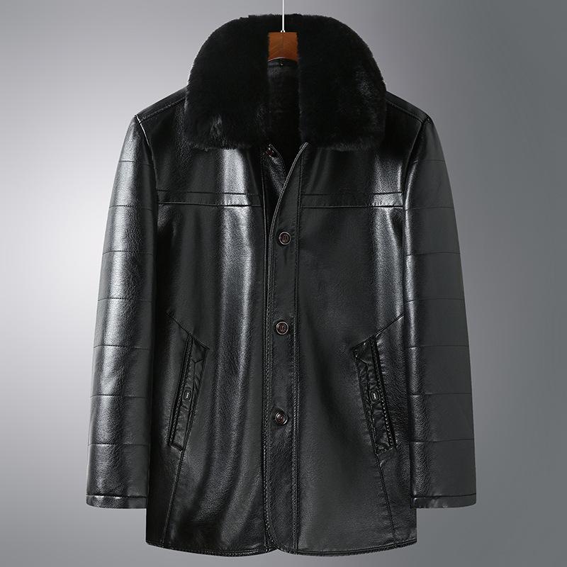 Men's Fleece-lined Padded Lapel Pu Leather Coat