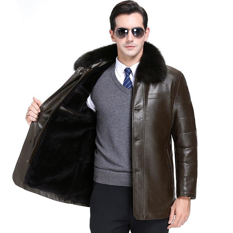 Men's Fleece-lined Padded Lapel Pu Leather Coat