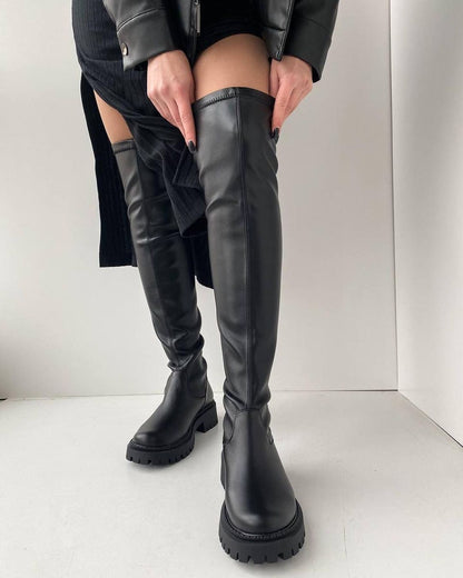 Long Leather Boots Low Heel