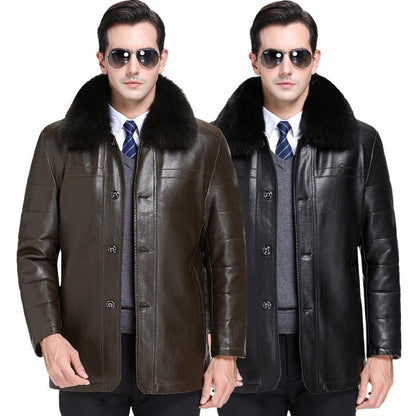 Men's Fleece-lined Padded Lapel Pu Leather Coat