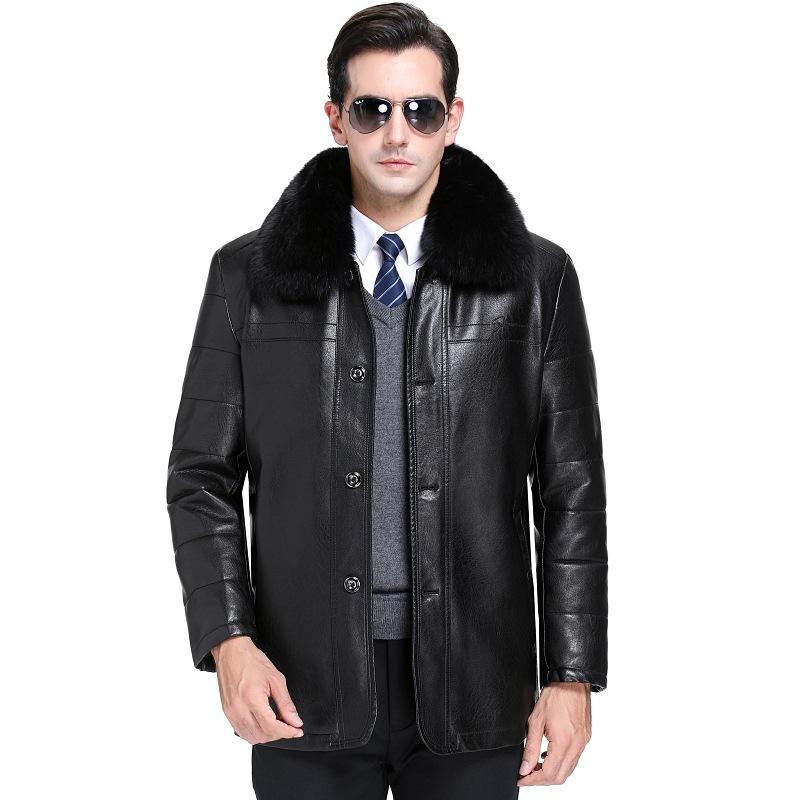 Men's Fleece-lined Padded Lapel Pu Leather Coat