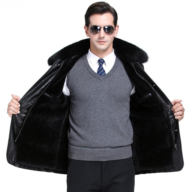 Men's Fleece-lined Padded Lapel Pu Leather Coat