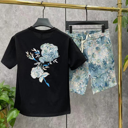 A012 Summer New Arrival Embroidered Rose Short Sleeve Suit
